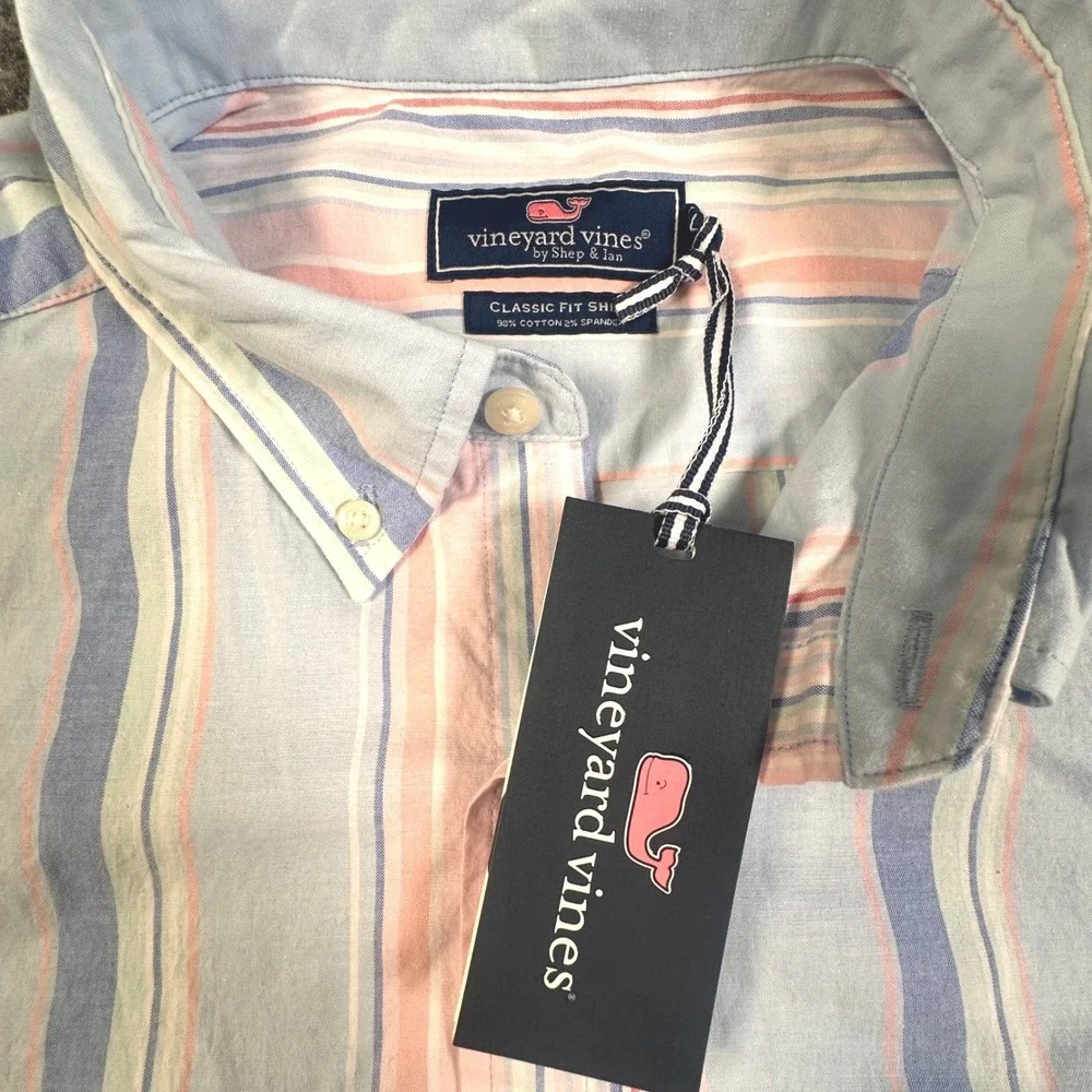 NWT Vineyard Vines Mens Awning‎ Stripe SS Classic Fit Shirt Jake Blue Large